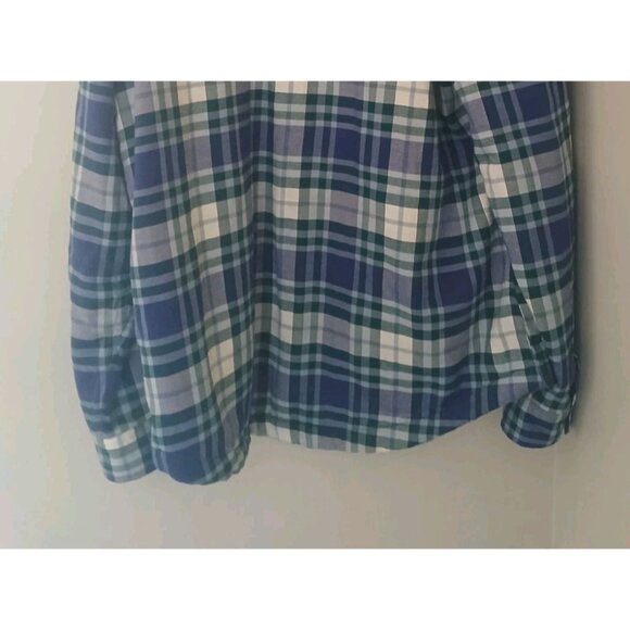 LL Bean Fleece-Lined Flannel Shirt Size Large Blue Shacket Snap-Front Plaid - Picture 10 of 11